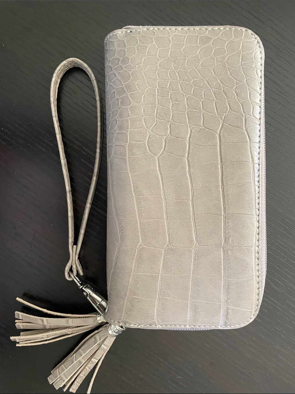 Croc-Embossed Zip Wristlet Wallet in Light Taupe